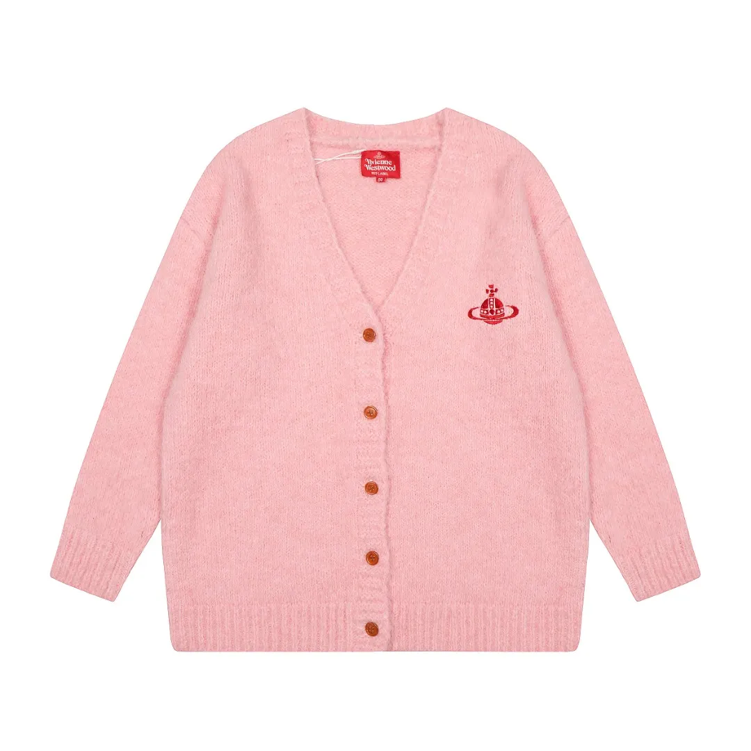 VIV top quality-Japan limited edition" vivienne west wood 25th autumn and winter new three-color wool embroidered cardigan Color: Gray Pink Blue Size: S M L